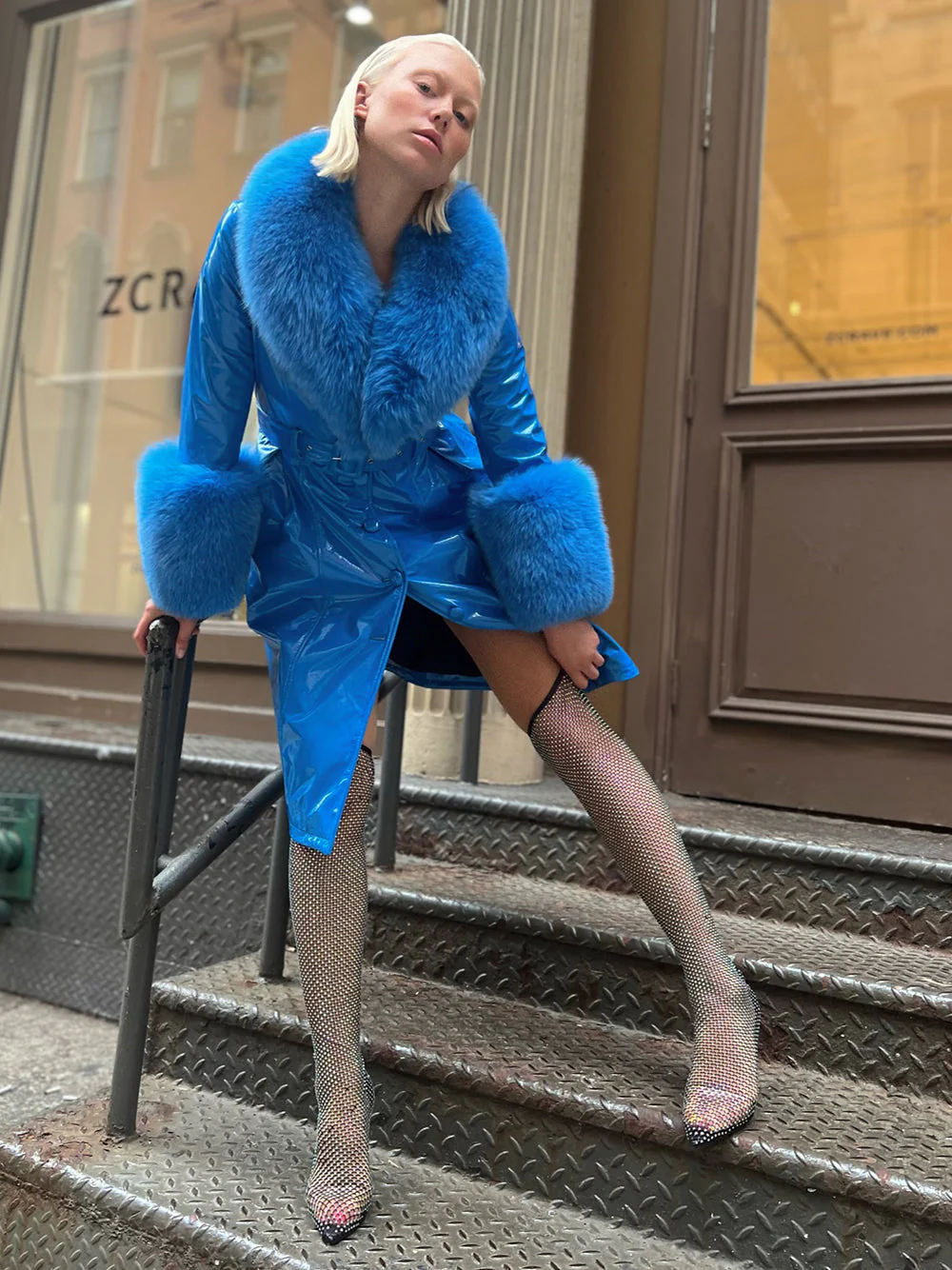 Patent Leather Coat w/ Fox Fur In Blue - Image 20