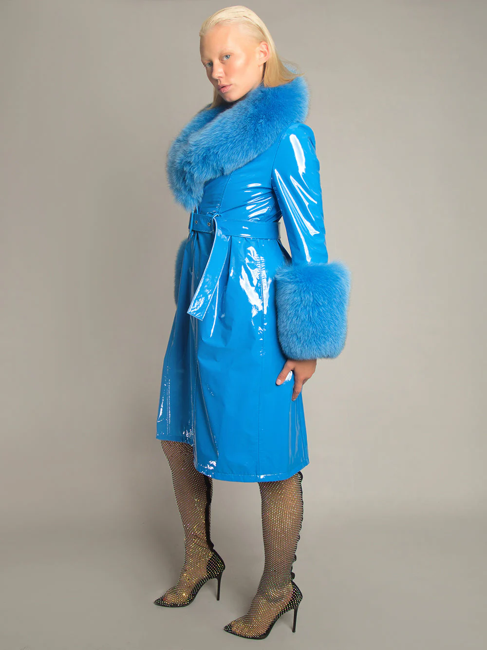 Patent Leather Coat w/ Fox Fur In Blue - Image 4