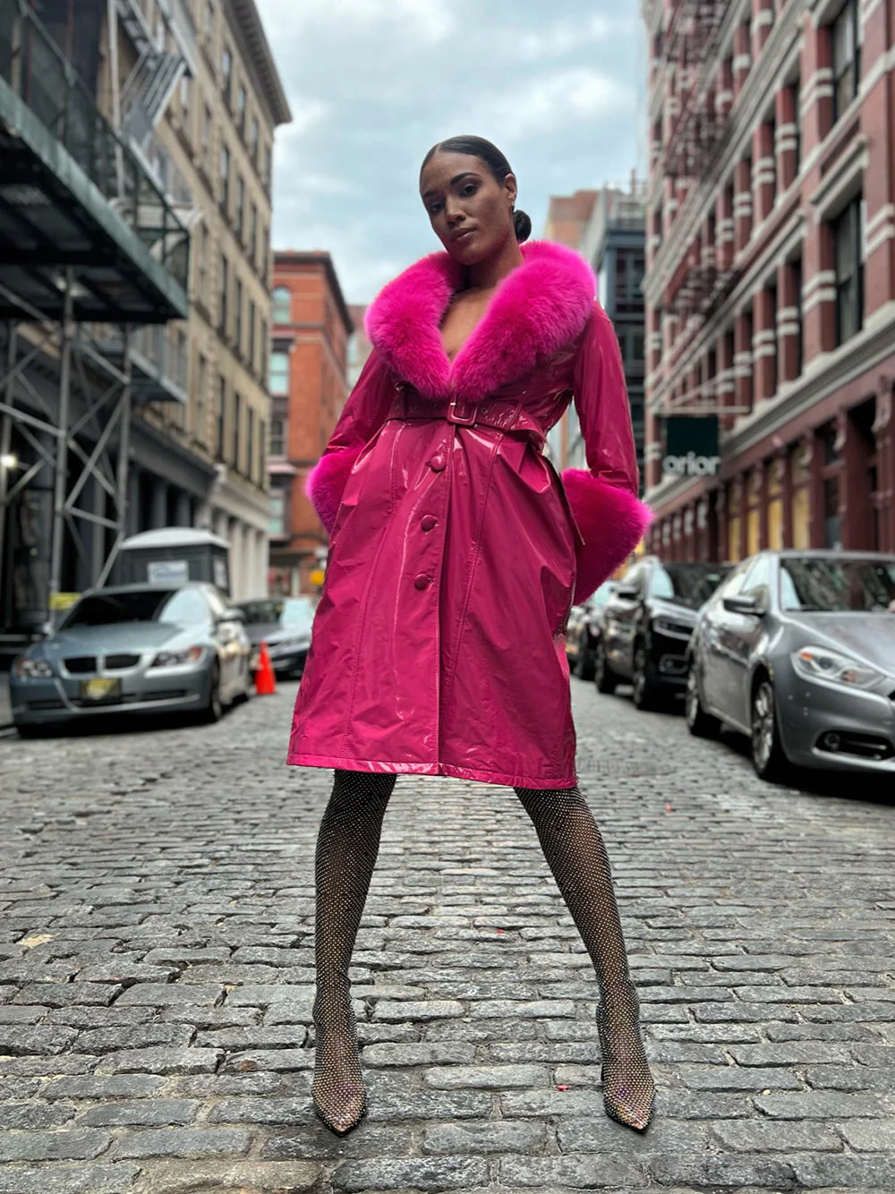 Patent Leather Coat w/ Fox Fur In Fuchsia - Image 9