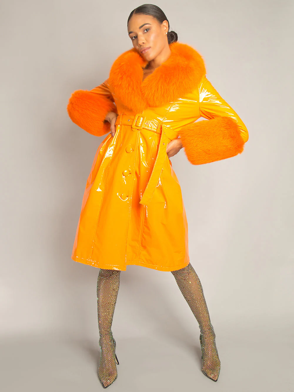 Patent Leather Coat w/ Fox Fur In Orange - Image 11