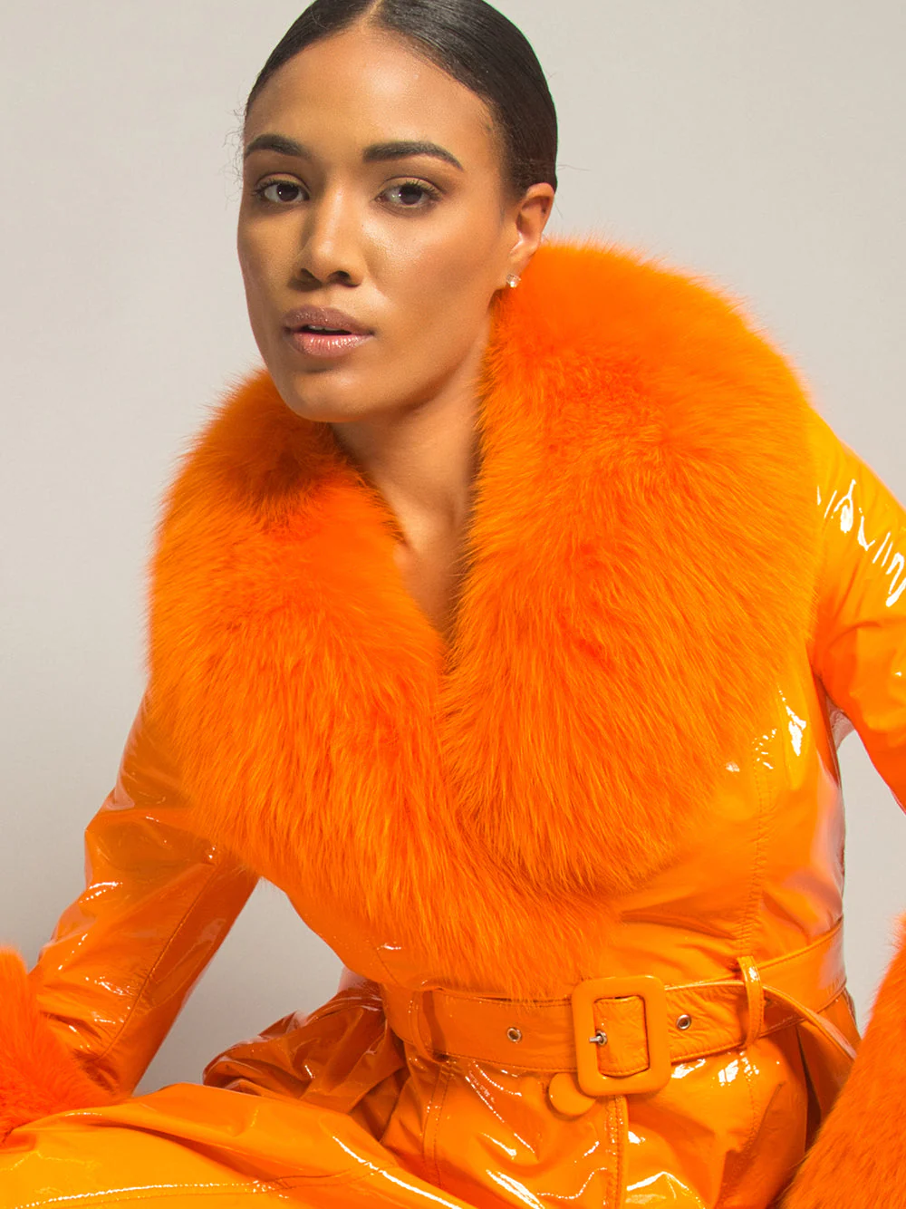 Patent Leather Coat w/ Fox Fur In Orange - Image 16