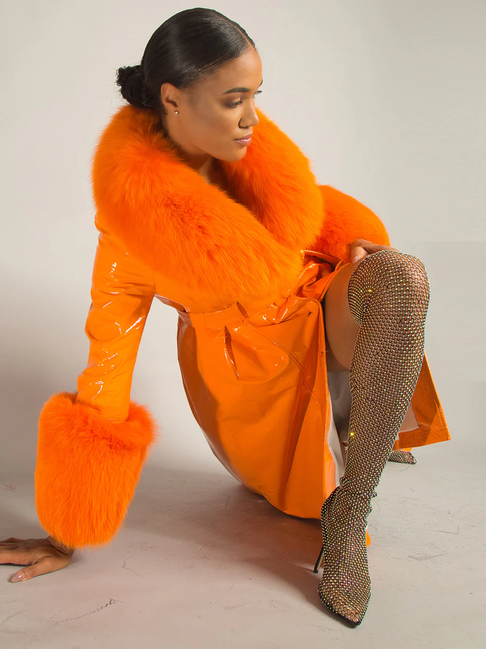 Patent Leather Coat w/ Fox Fur In Orange - Image 17