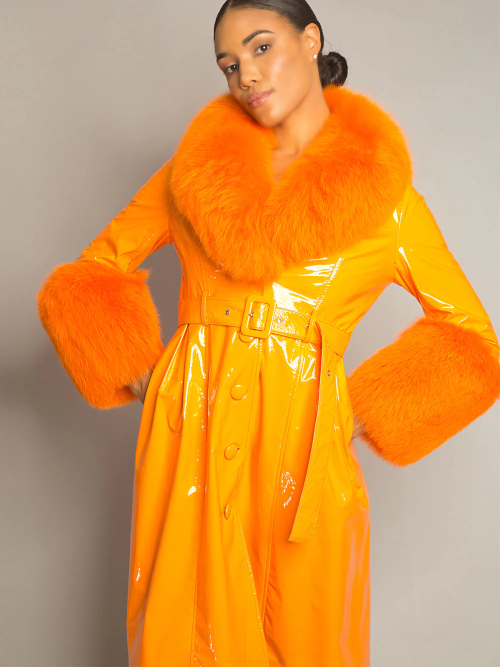 Patent Leather Coat w/ Fox Fur In Orange - Image 18