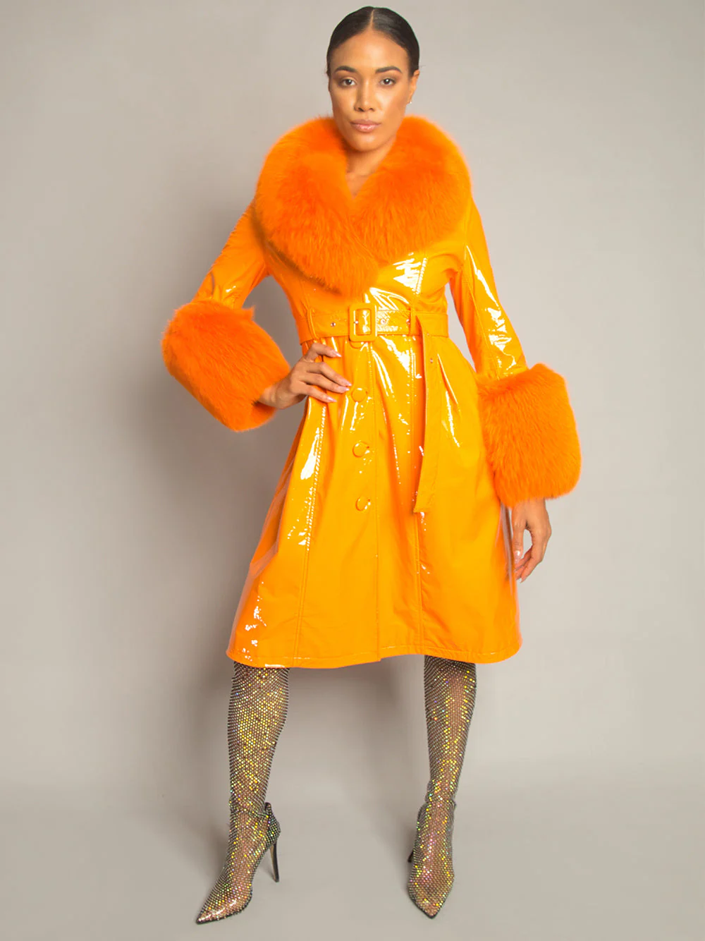 Patent Leather Coat w/ Fox Fur In Orange - Image 2