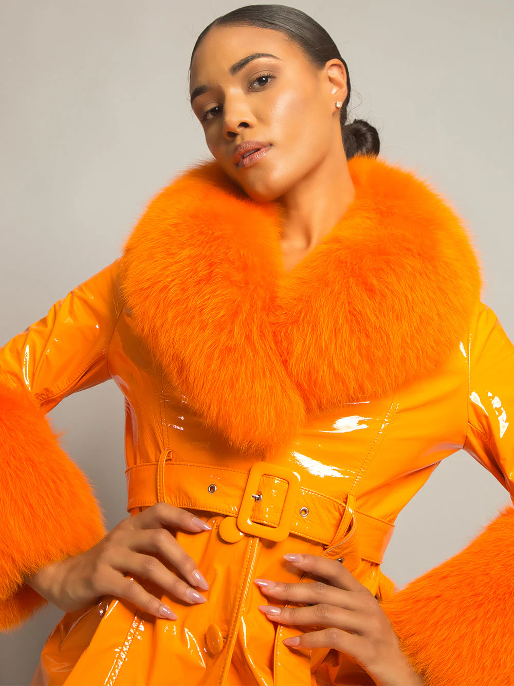 Patent Leather Coat w/ Fox Fur In Orange - Image 20
