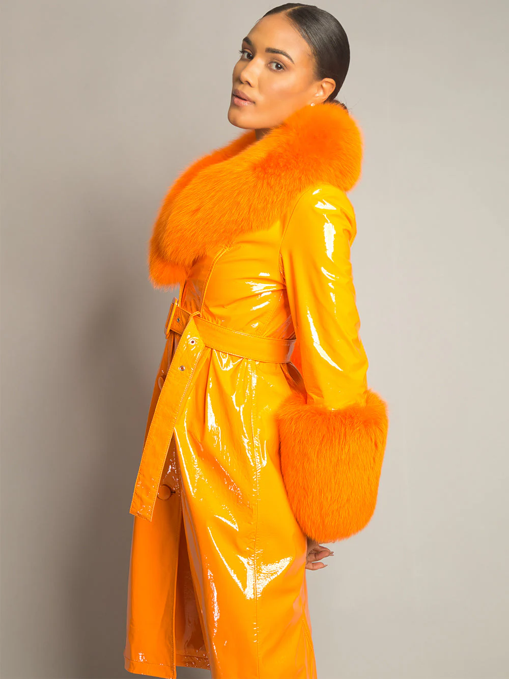 Patent Leather Coat w/ Fox Fur In Orange - Image 21