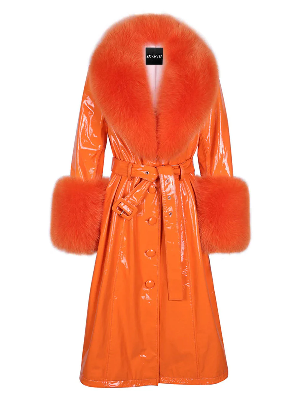 Patent Leather Coat w/ Fox Fur In Orange - Image 25