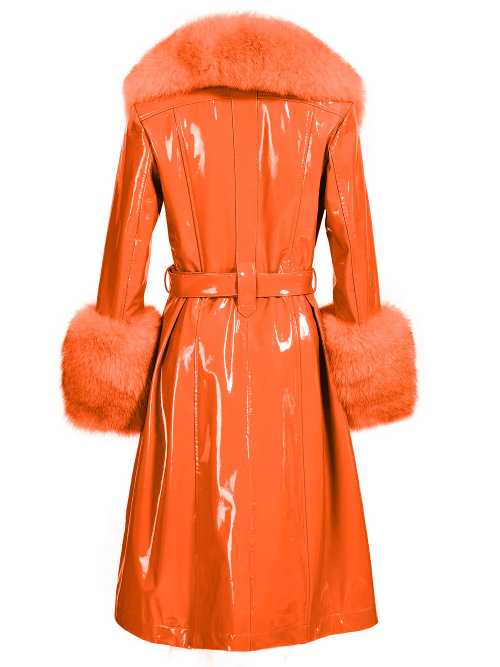 Patent Leather Coat w/ Fox Fur In Orange - Image 26
