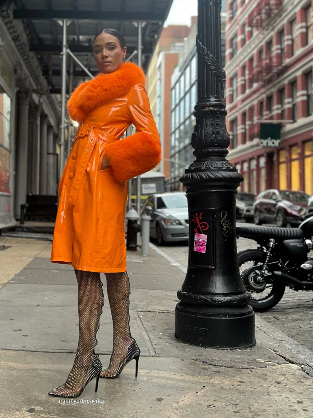 Patent Leather Coat w/ Fox Fur In Orange - Image 29