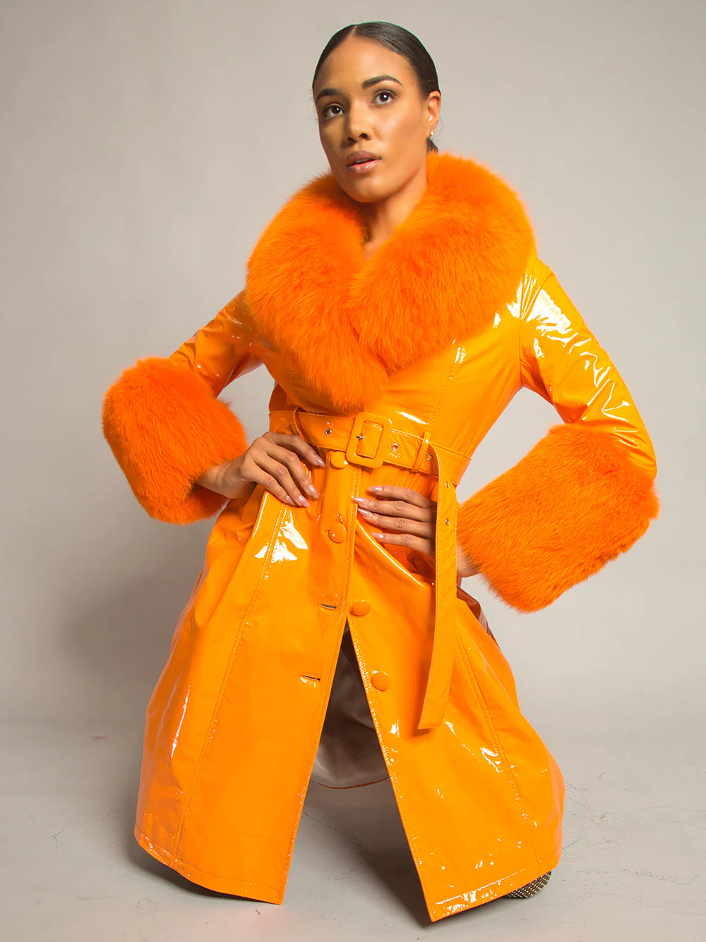 Patent Leather Coat w/ Fox Fur In Orange - Image 3