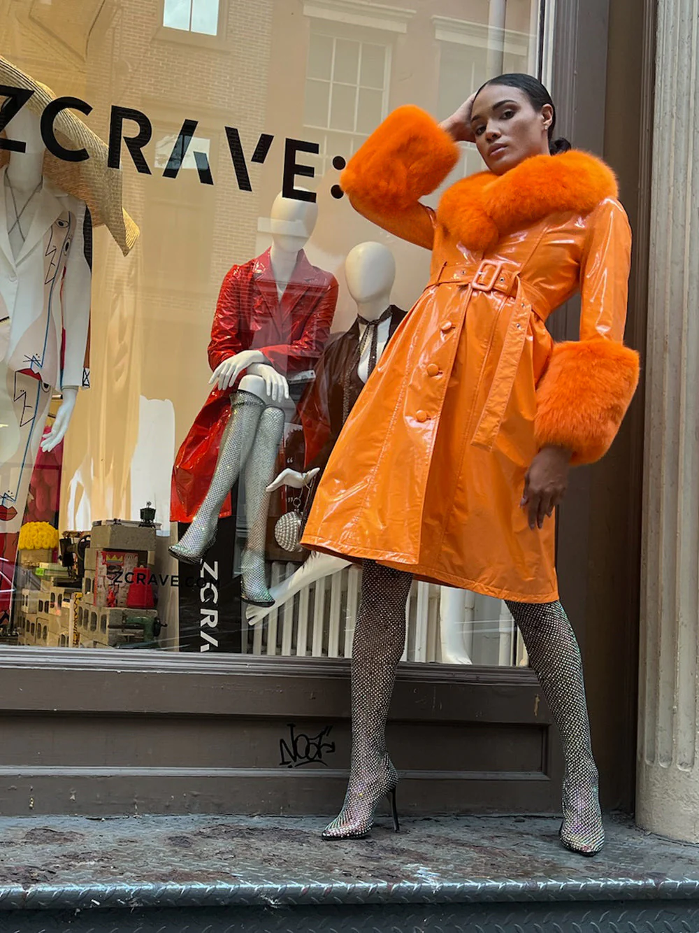 Patent Leather Coat w/ Fox Fur In Orange - Image 31