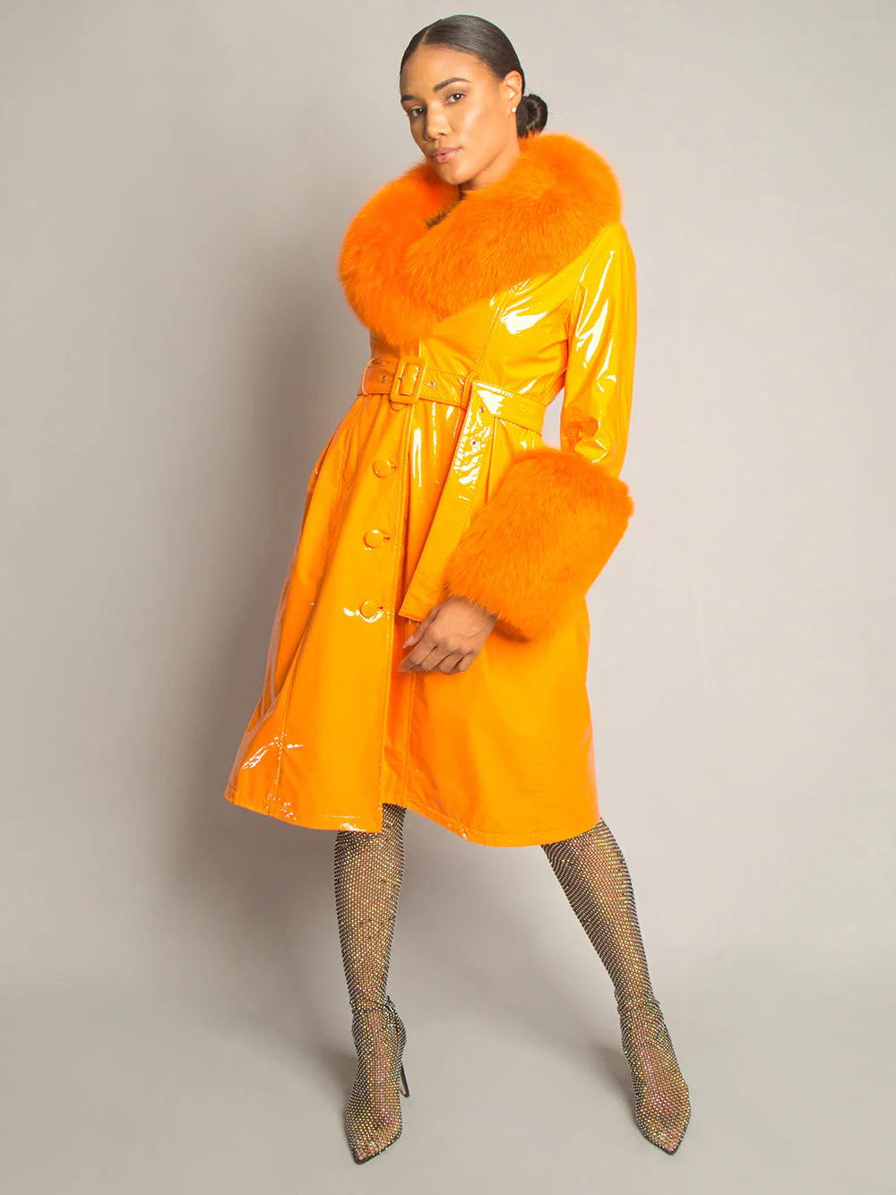 Patent Leather Coat w/ Fox Fur In Orange - Image 5