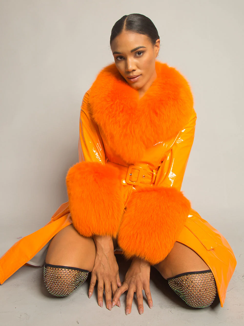 Patent Leather Coat w/ Fox Fur In Orange - Image 6