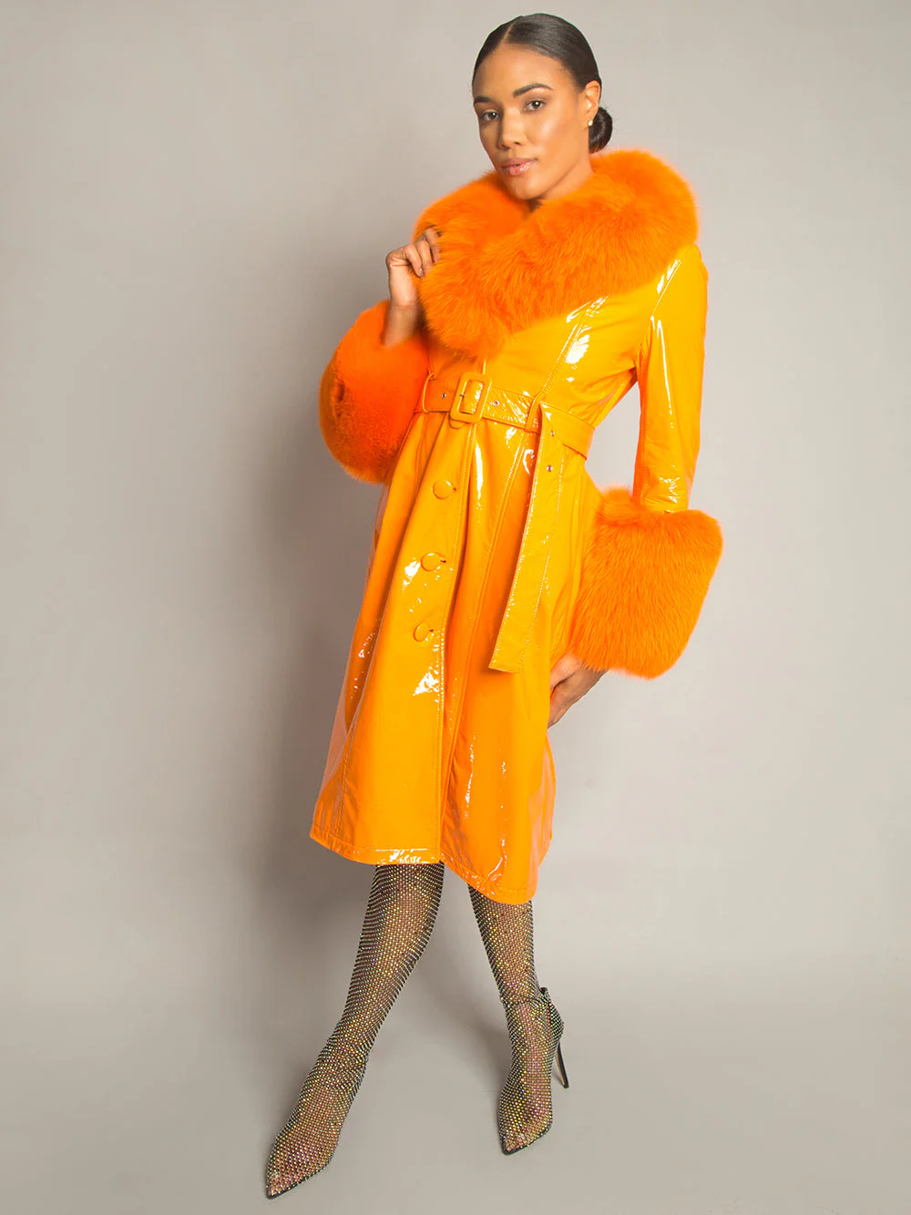 Patent Leather Coat w/ Fox Fur In Orange - Image 7