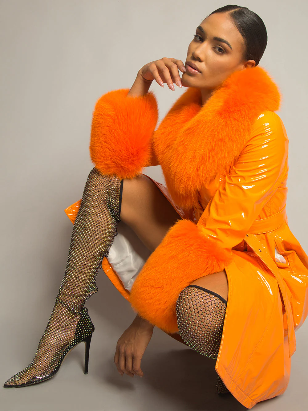 Patent Leather Coat w/ Fox Fur In Orange - Image 8