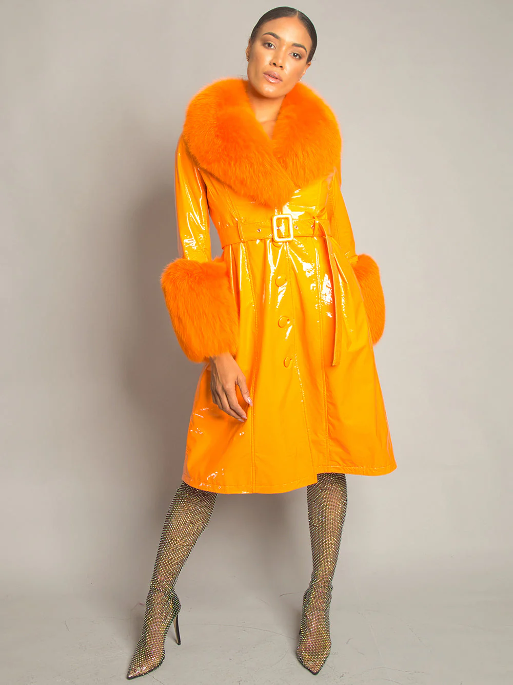 Patent Leather Coat w/ Fox Fur In Orange - Image 9