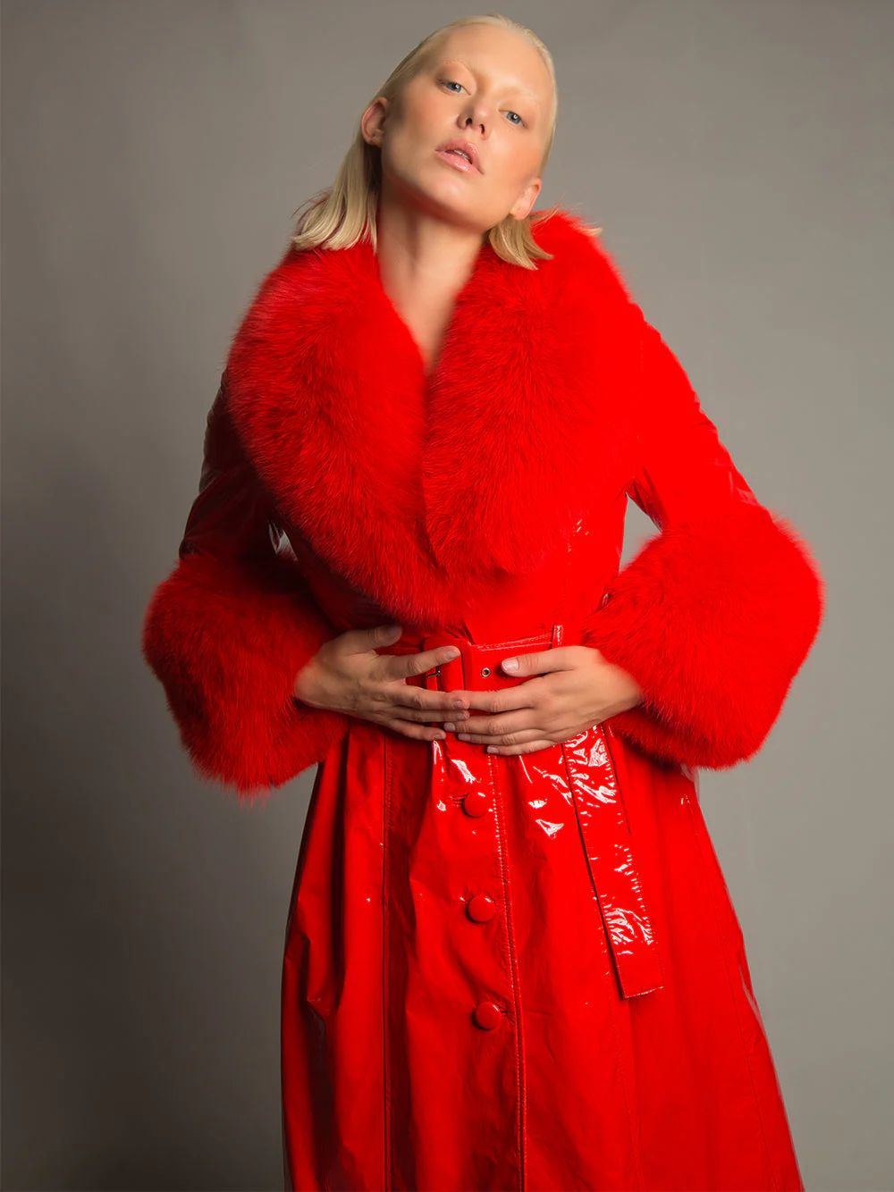 Patent Leather Coat w/ Fox Fur In Red - Image 2