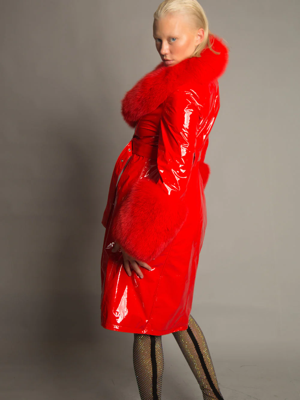 Patent Leather Coat w/ Fox Fur In Red - Image 3