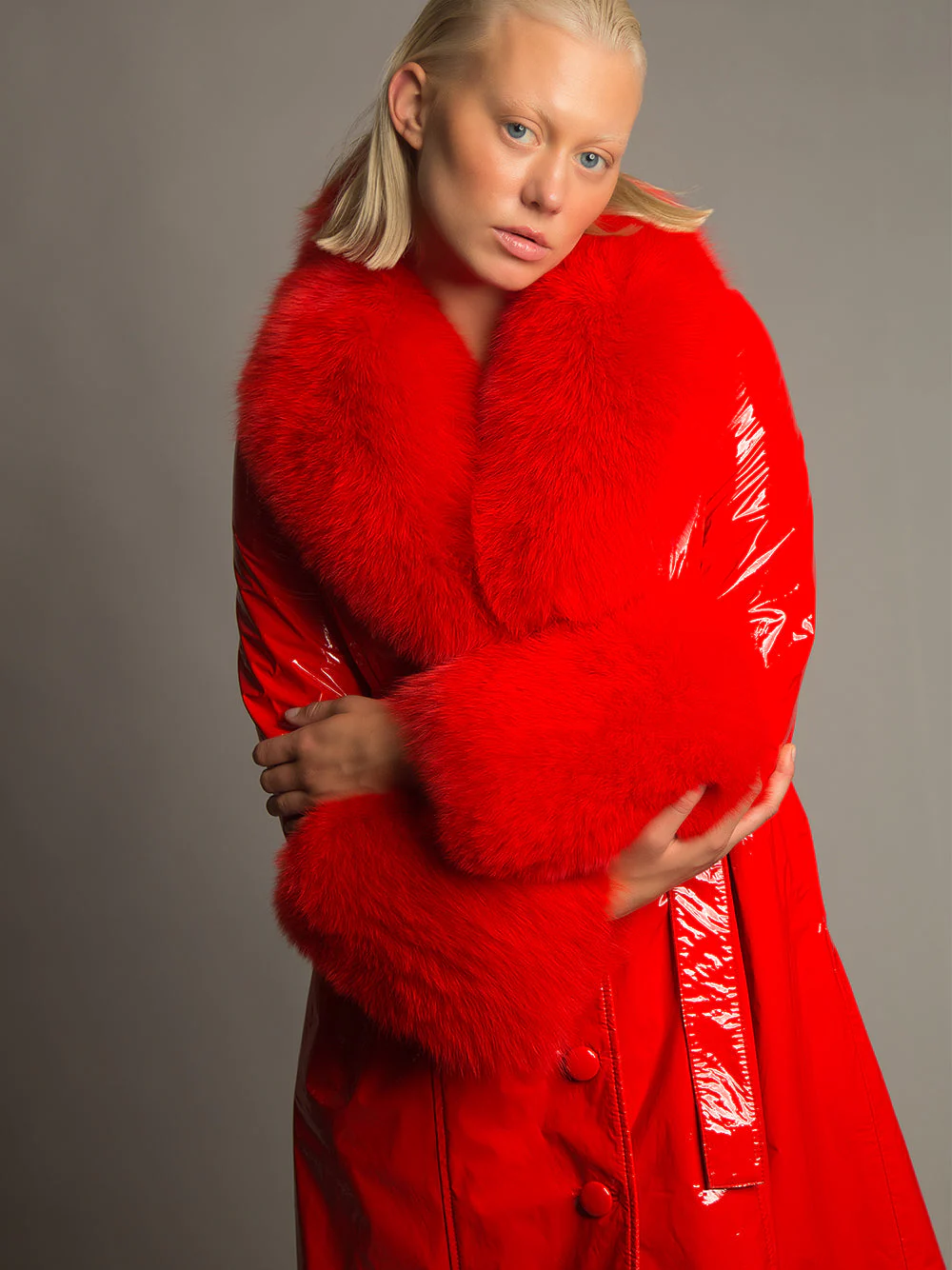 Patent Leather Coat w/ Fox Fur In Red - Image 5