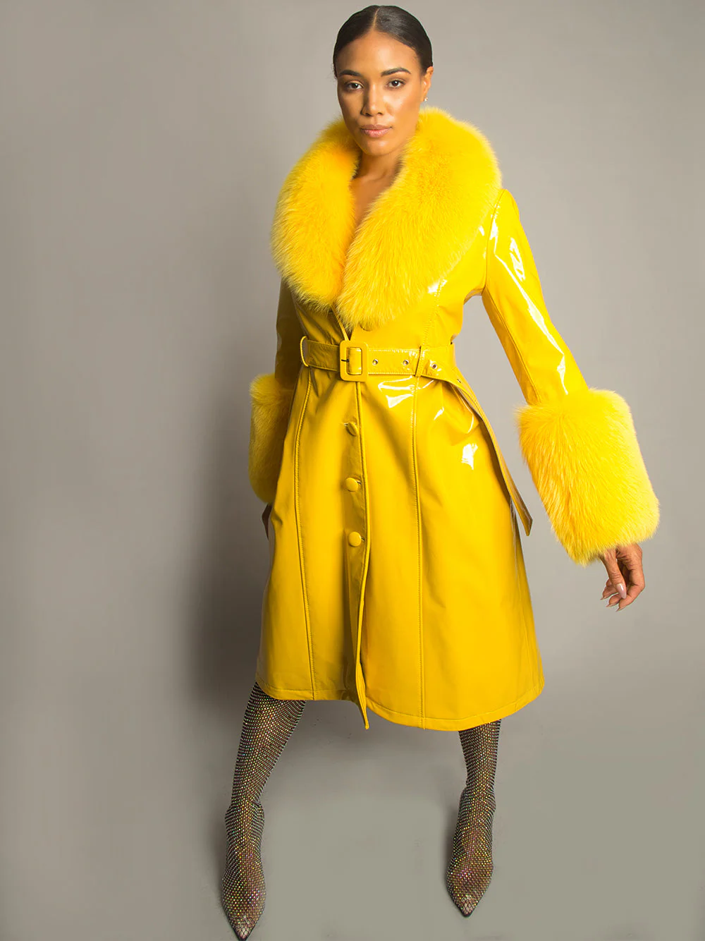 Patent Leather Coat w/ Fox Fur In Yellow - Image 5