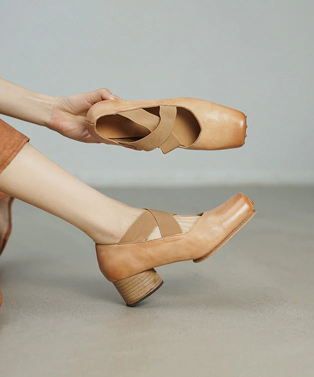 Pink Chunky Heel Horsehide Elegant Splicing Cross Strap - Image 2