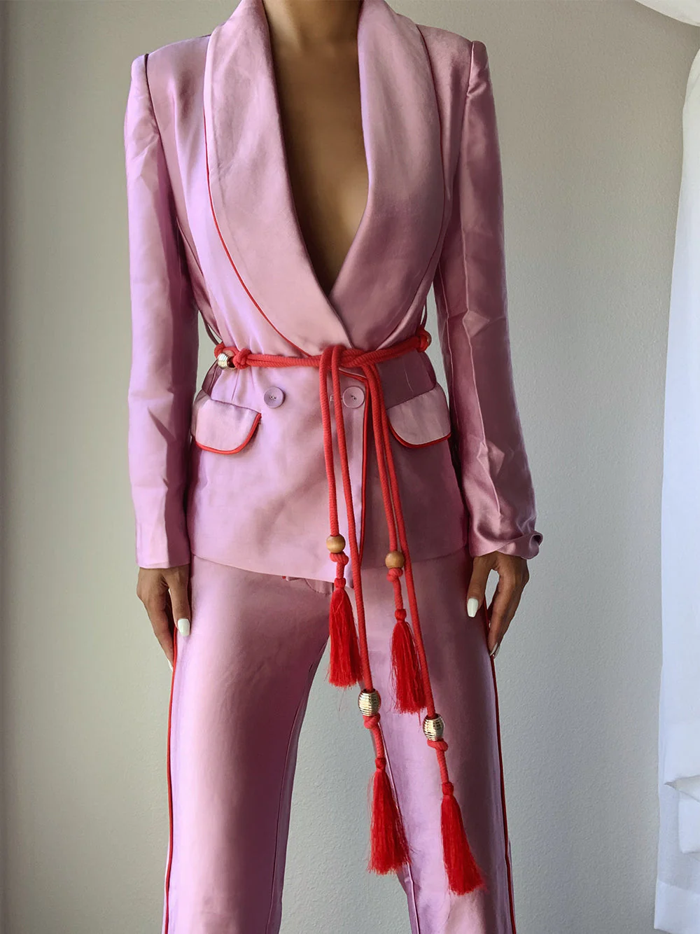 Tasseled Satin Blazer + Pants (Two-Piece Set) in Pink - Image 7