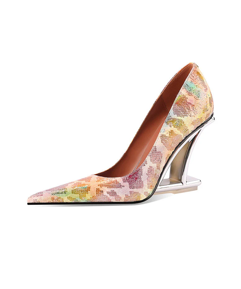 Pink Cowhide Leather Wedge Heels Embossed Pointed Toe - Image 5