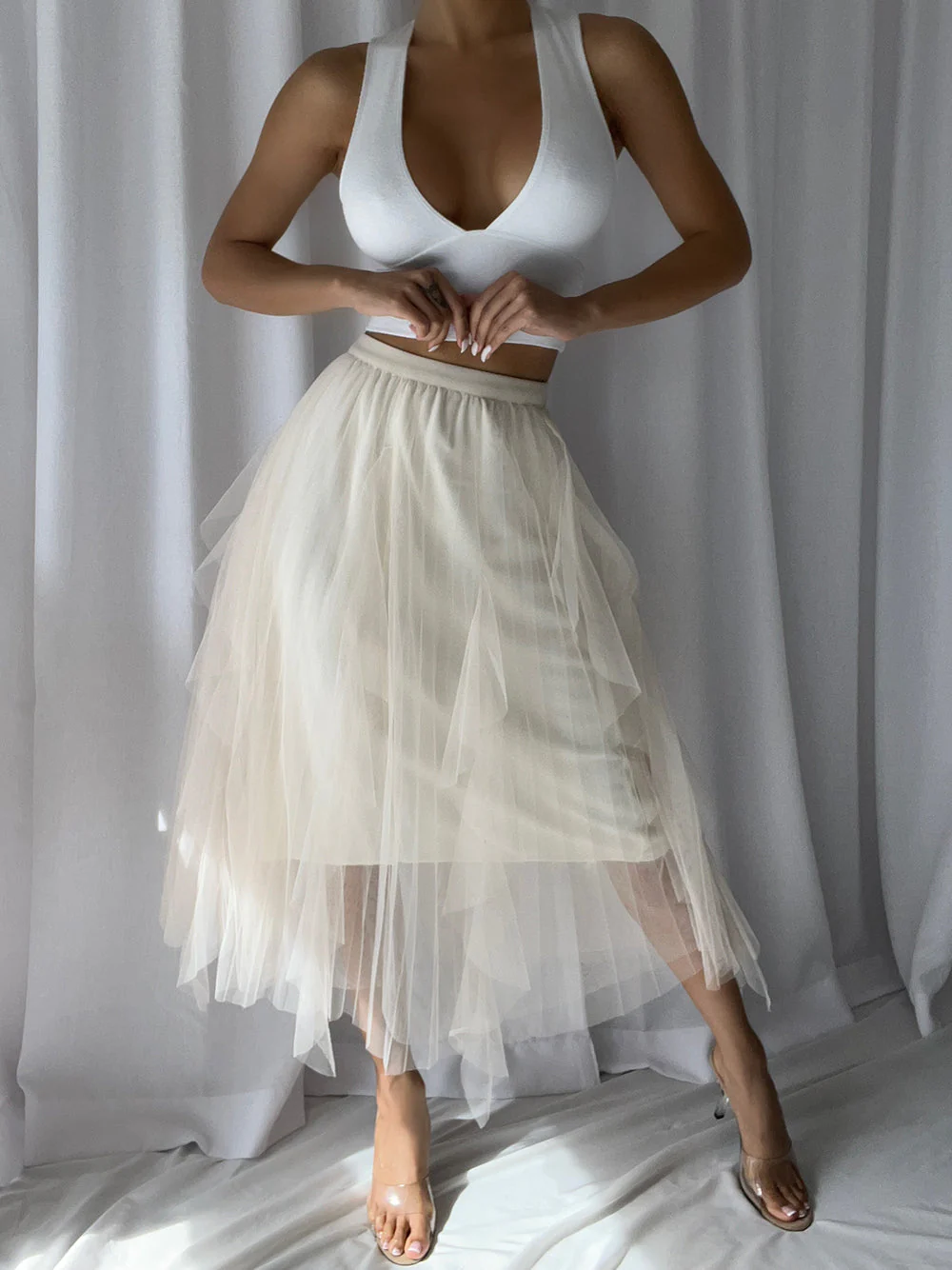 PISANA Asymmetrical Mesh Skirt in Beige - Image 2
