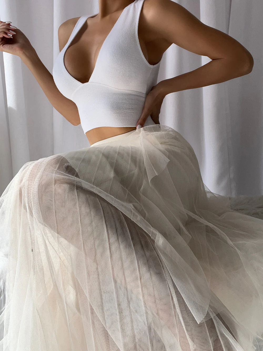 PISANA Asymmetrical Mesh Skirt in Beige - Image 3