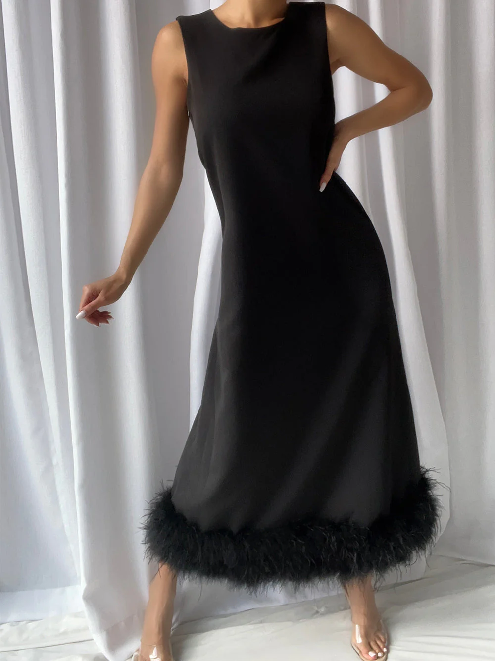 PIUME Maxi Dress w Feathers In Black - Image 3
