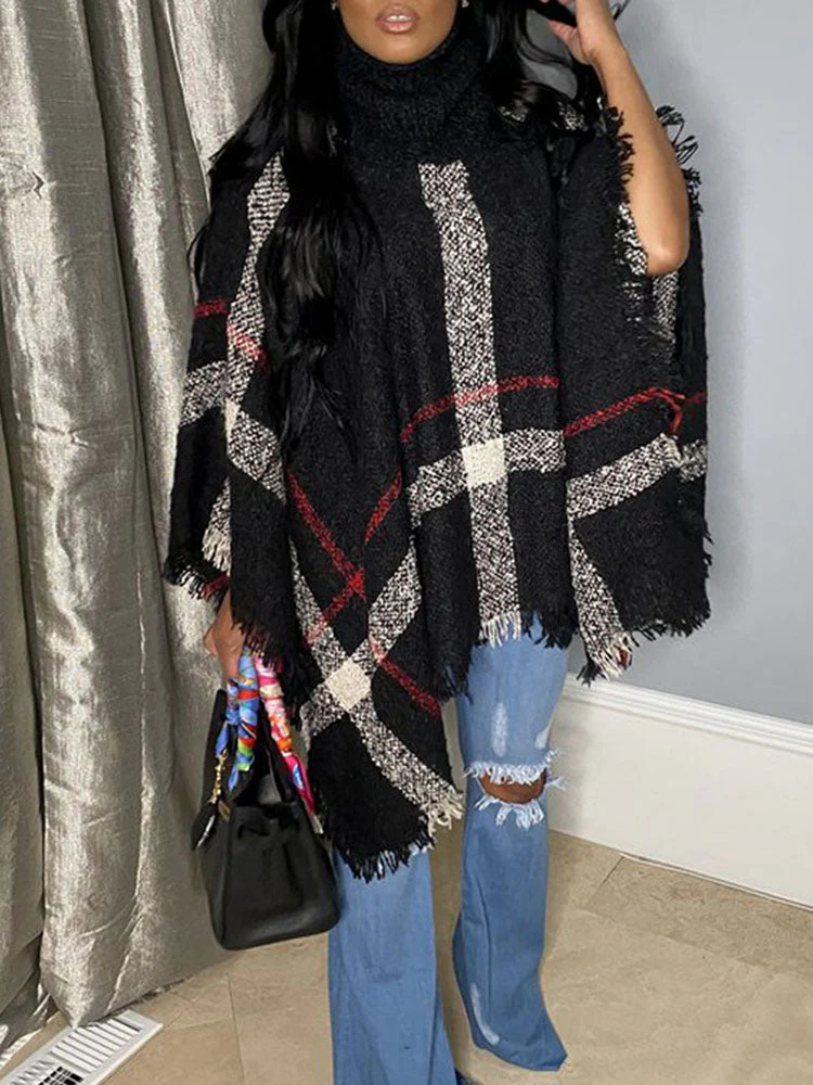 Plaid Tassel Turtleneck Cape Shawl - Image 6