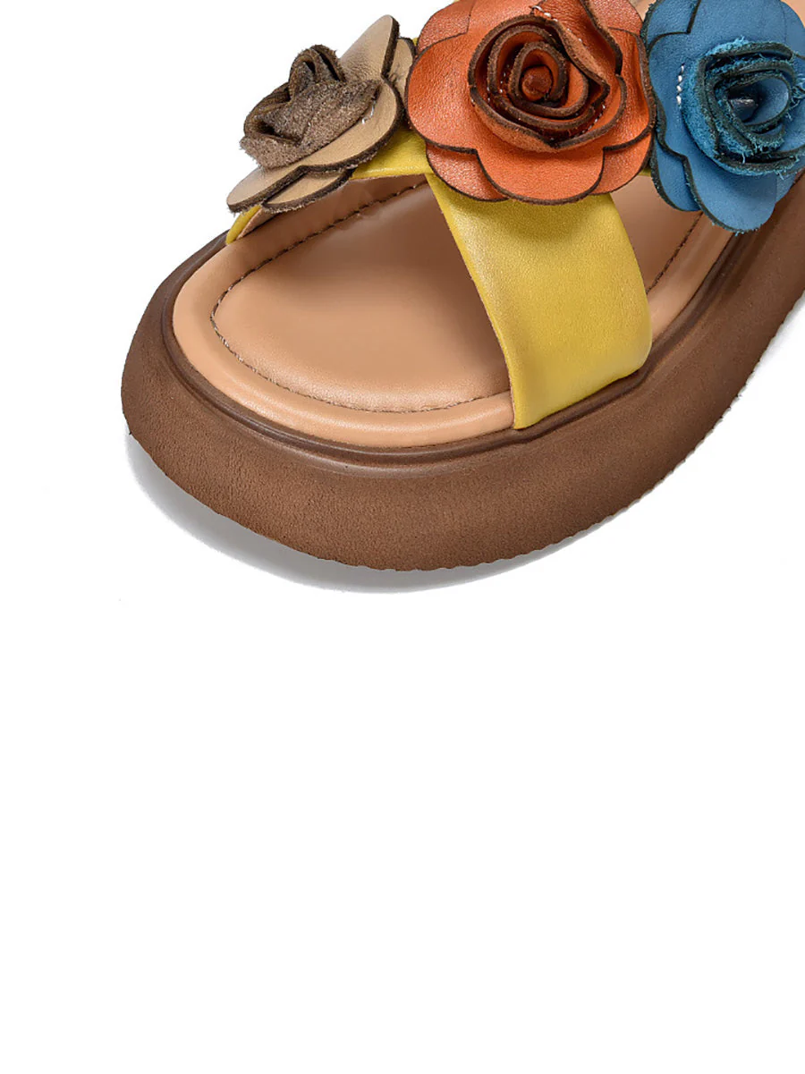 Platform Spliced Flower Leather Slippers - Image 10