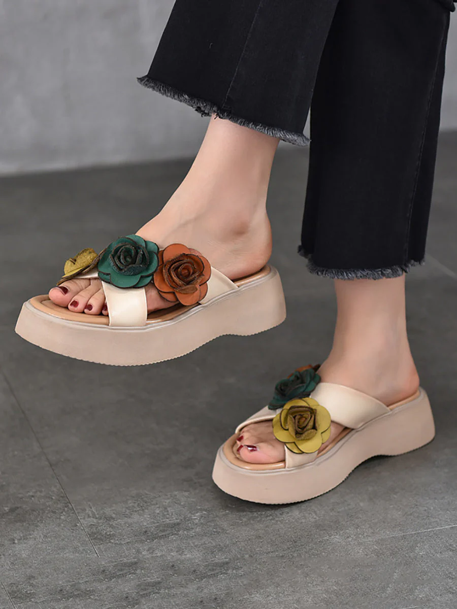 Platform Spliced Flower Leather Slippers - Image 2