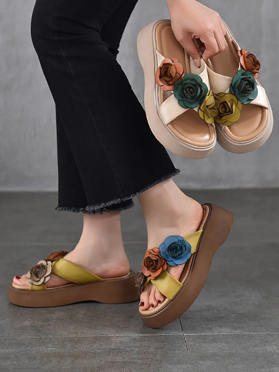 Platform Spliced Flower Leather Slippers - Image 3