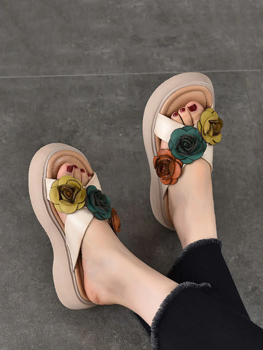Platform Spliced Flower Leather Slippers - Image 5