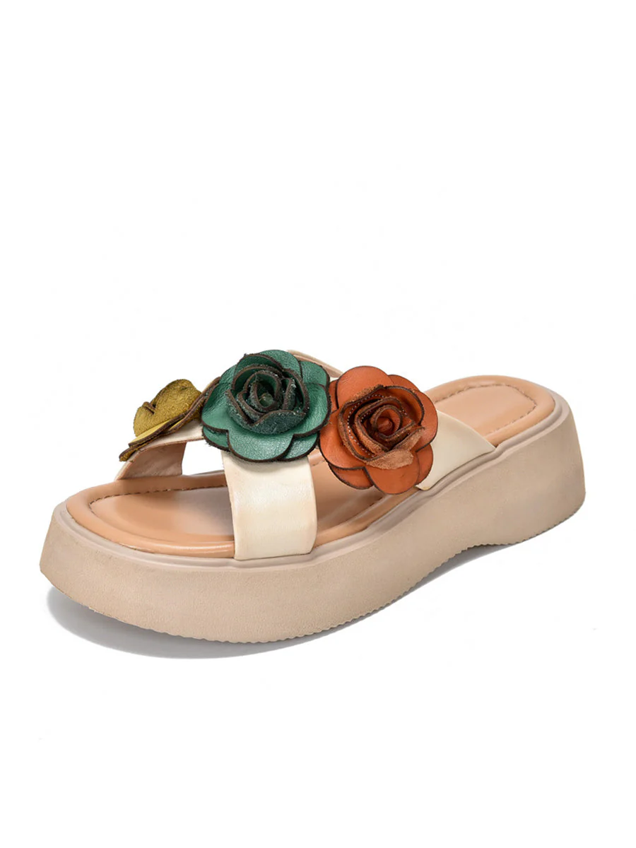 Platform Spliced Flower Leather Slippers - Image 8