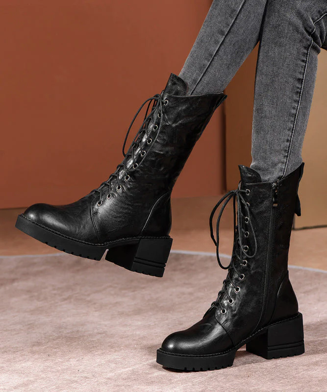 Plus Size Brown Boots Cross Strap Splicing Chunky - Image 2