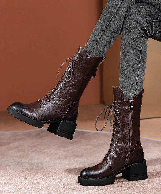 Plus Size Brown Boots Cross Strap Splicing Chunky - Image 3