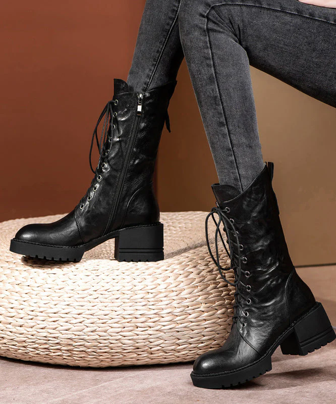 Plus Size Brown Boots Cross Strap Splicing Chunky - Image 4