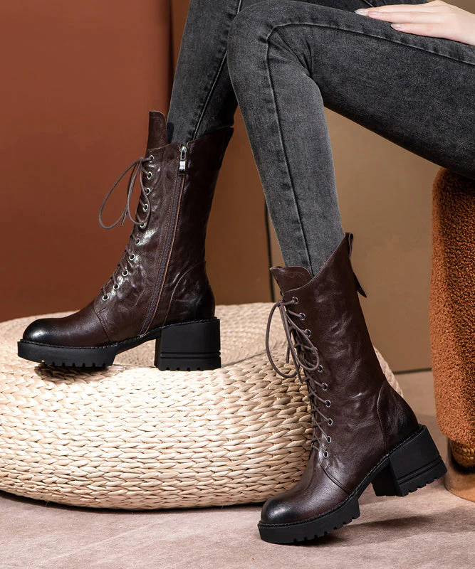 Plus Size Brown Boots Cross Strap Splicing Chunky - Image 5
