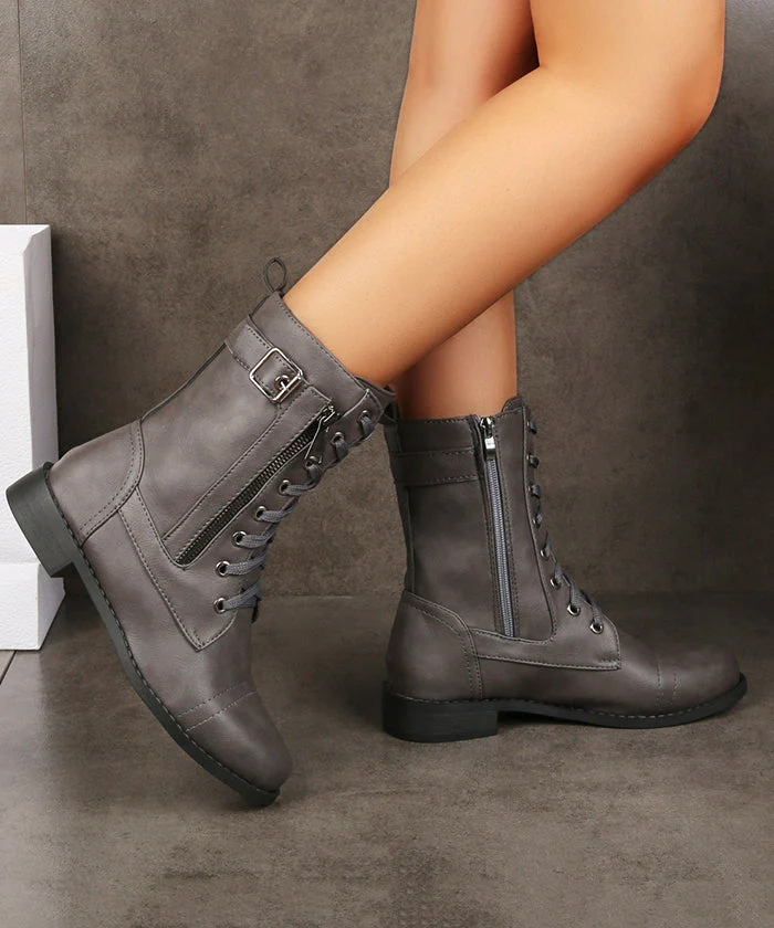 Plus Size Brown Cross Strap Zippered Splicing Chunky Boots - Image 3
