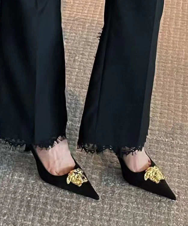 Pointed Splicing Toe French Heels Leather Black High Faux - Image 3