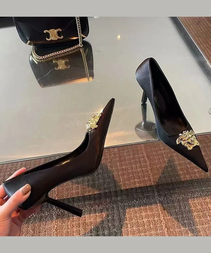 Pointed Splicing Toe French Heels Leather Black High Faux - Image 5