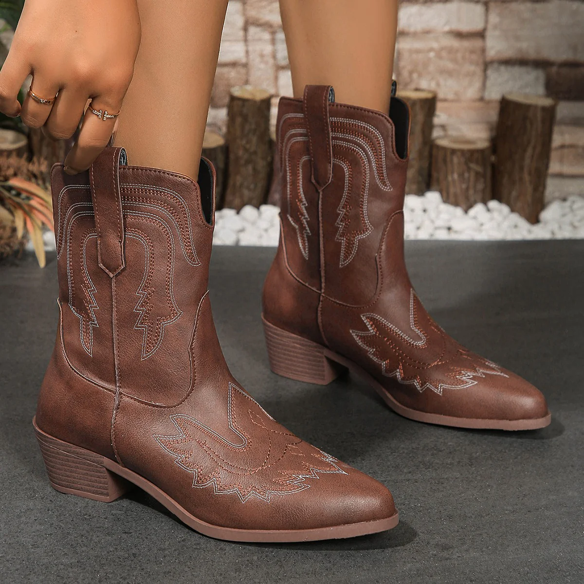 Pointed-Toe Chunk-Heeled Cowboy Boots - Image 3