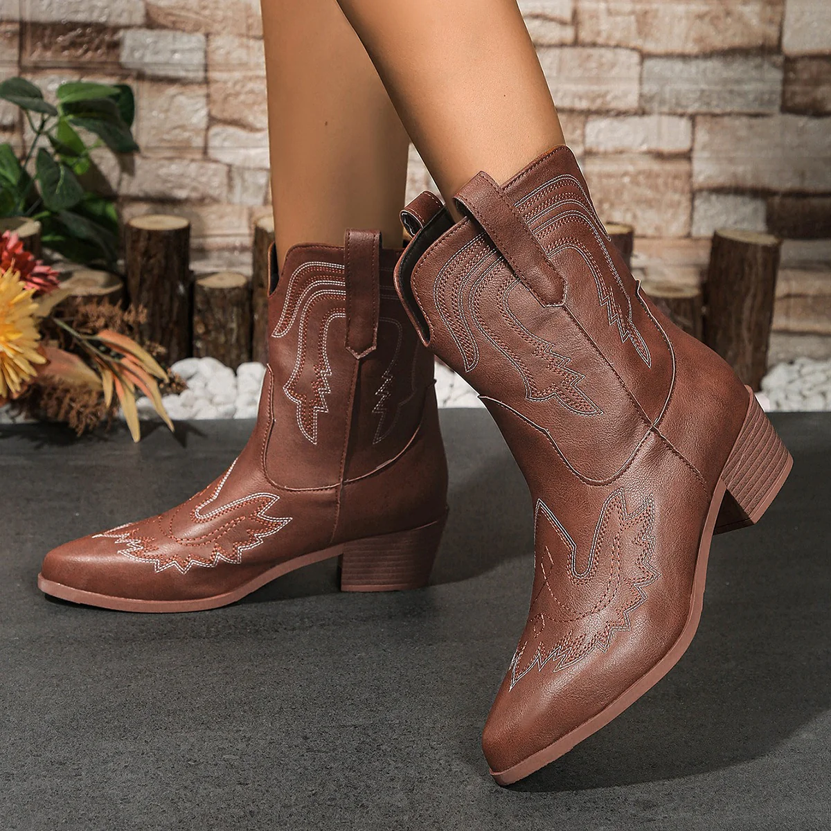 Pointed-Toe Chunk-Heeled Cowboy Boots - Image 5