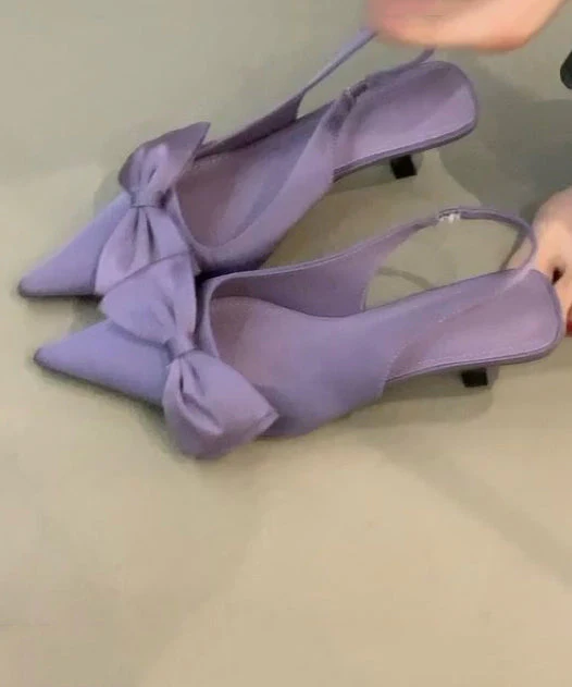 Pointed Toe Splicing Purple Sandals Heel Handmade High Bow - Image 5