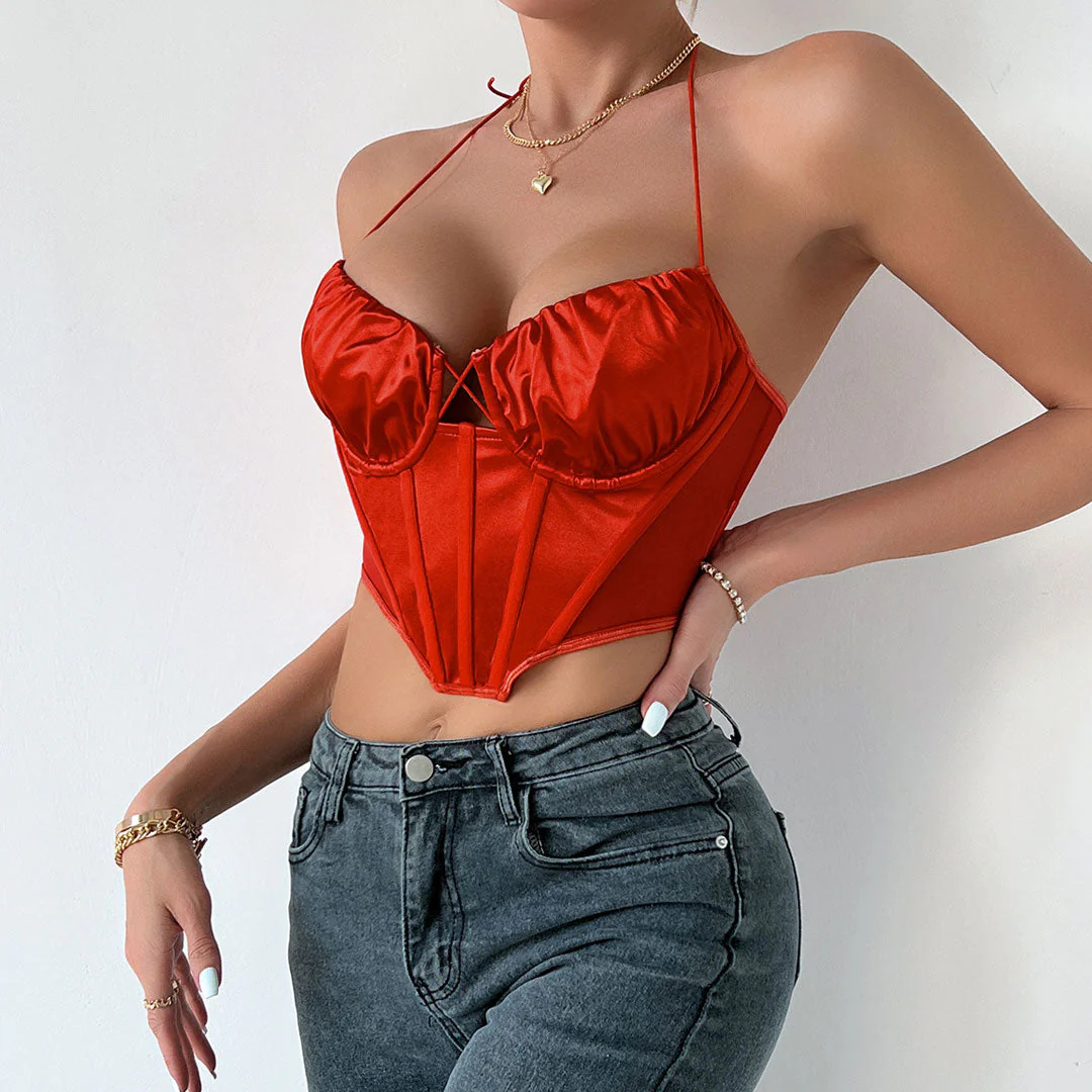 Polished Ruched Sweetheart Satin Crop Corset Top - Orange Red - Image 3
