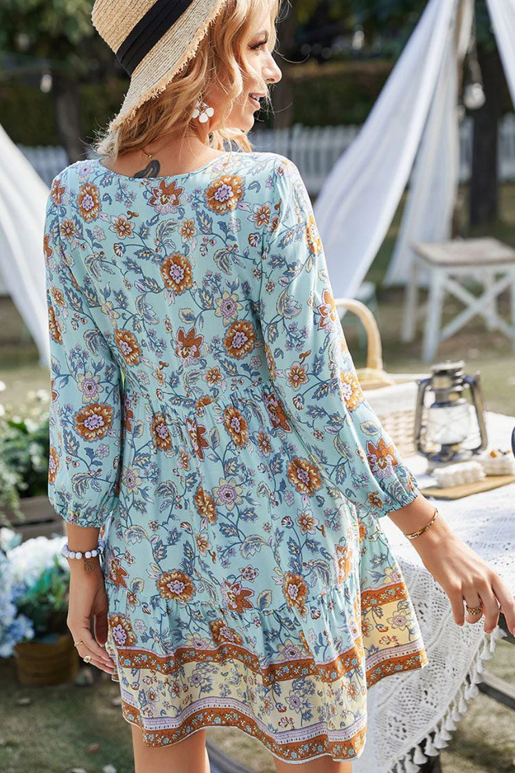 Prairie Tie Neck Half Button Floral Printed Boho Chic Mini Dress - Blue - Image 3