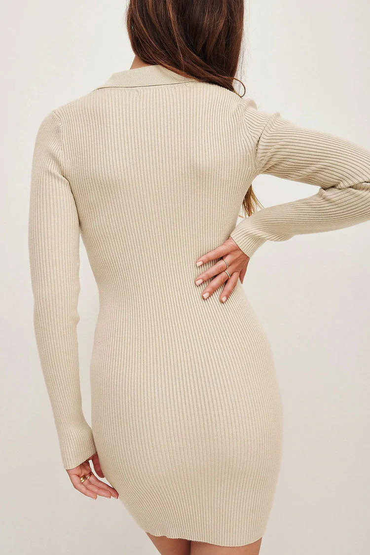 Preppy Collared V Neck Long Sleeve Ribbed Sweater Mini Dress - Apricot - Image 3