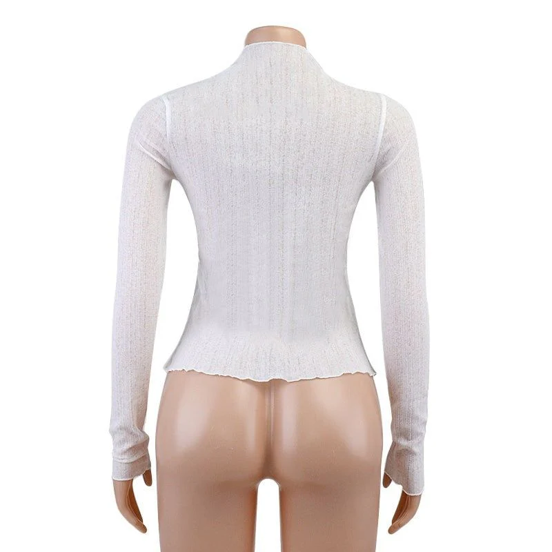 Presley Sheer Mesh Mock Neck Frill Hem Top - Image 10